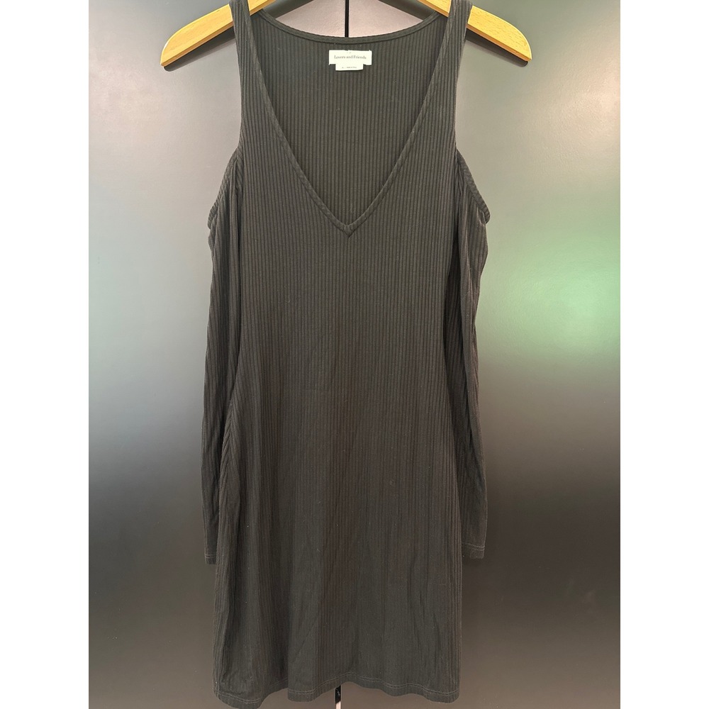 Lovers and Friends Black Ribbed Cold Shoulder V-Neck Mini Dress XS Long Sleeve